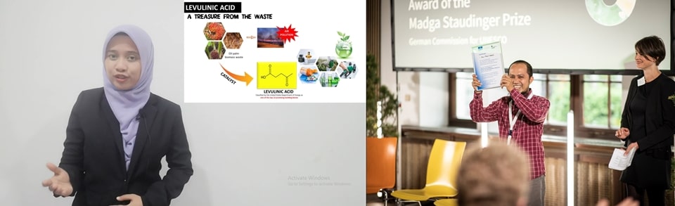 (Left) Nor Akhlisah, a DAAD-SEARCA scholar, won 1st Runner-up and People's Choice Award at the 2021 Virtual 3MT Competition of the Faculty of Engineering in UPM; (right) Mr. Amar Maruf, full SEARCA scholar, received the Magda Staudinger Prize Award from the German UNESCO Commission for his scientific achievement in the field of Biodiversity and Climate Change (C) HNEE, Florian Reischauer.