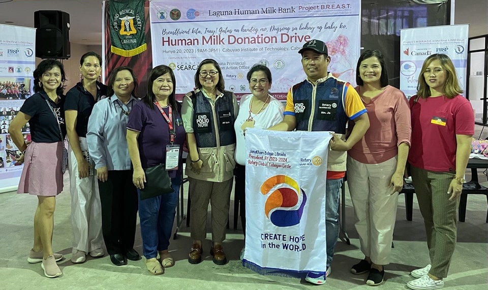 Dr. Maria Cristeta Cuaresma (third from left) along with Ms. Myla Gregorio (leftmost), LATCH LB Counselor, and other representatives of LATCH LB and the local government units of Cabuyao and Laguna Province, Philippines, at the opening of the Cabuyao Human Milk Donation Drive held on 20 June 2023.