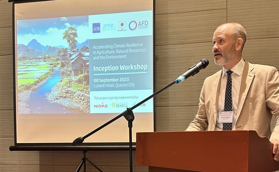Antti Inkinen, NIRAS project director, delivered his welcome remarks during the Inception Workshop at Luxent Hotel last 8 September 2023.