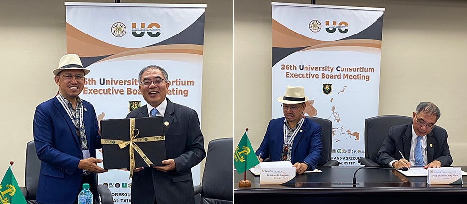 (L-R) Dr. Glenn Gregorio, SEARCA Center director and UC chief executive officer, and NTU President Wen-Chang Chen, during the renewal of the MOU among the members of the UC. (Photo: GSID, ECLD)