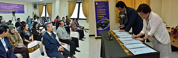 SEARCA Deputy Director for Administration Dr. Virginia R. Cardenas and UB Rector Prof. Dr. Ir. Yogi Sugito signs the Memorandum of Understanding (MOU) and Memorandum of Agreement (MOA) between SEARCA and UB, as the LEAP SEA participants, resource persons, and guests look on.
