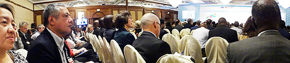 Dr. Saguiguit and Ms. Adoracion T. Robles, SEARCA Executive Coordinator, listen to the Inaugural Address of H.E. Hailemariam Dessalegn, Prime Minister of Ethiopia (below) at the IFPRI Conference on Building Resilience for Food and Nutrition Security, 15-17 May 2014, Addis Ababa, Ethiopia. [br] (Photos by Dr. Maria Celeste H. Cadiz, Program Head, KM) 