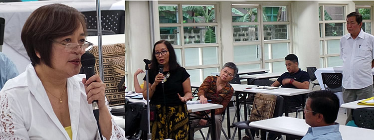 [i]Left Photo:[/i] Dir. Alicia Ilaga, Director for DA Systems-wide Climate Change Office (DA-SWCCO), discusses how AMIA defines the Department of Agriculture’s national framework in addressing climate change in agriculture. [br][br] [i]Right Photo:[/i] Dr. Maria Celeste H. Cadiz, SEARCA Program Head for Knowledge Management, contributes in the workshop discussion. 