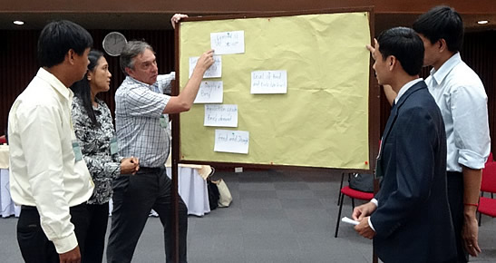 Dr. Robert Dyball (left; nearest to the board) of ANU guides participants from Cambodia in their workshop exercise.