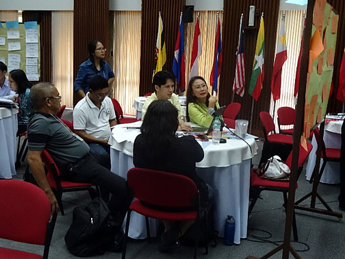 Participants from Oriental Mindoro province, the Philippines discuss their  view of their initiatives in a way that escapes from the ‘commodity trap.’ Second from right is Mr. Henry Custodio, Program Specialist of SEARCA’s Research and Development Department, facilitating the group discussions.