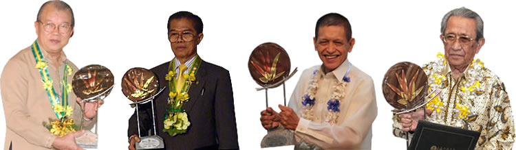 The recipients of the Dioscoro L. Umali Achievement Award in Agricultural Development are (from left) Dr. Vo Tong Xuan, Dr. Charan Chantalakhana, Dr. Ramon C. Barba, and Dr. Sjarifudin Baharsjah. 