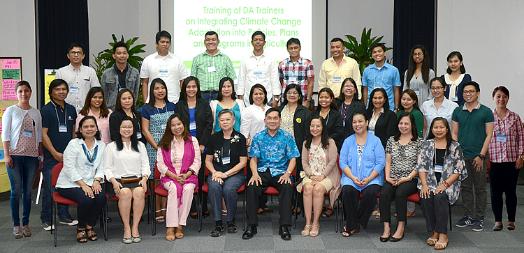 Photo above shows DA AMIA Training of Trainors (ToT) participants composed of 17  representatives from the Agricultural Training Institute-Regional Training Centers and 8 representatives from the Department of Agriculture (DA) Regional Field Offices (RFOs) in Regions 1, 2, 3, 5, 6, 10 and Negros Island Region together with Ms. Perla G. Baltazar (seated, 3rd from left) representing Dr. Alicia G. Ilaga, Director, DA-System Wide Climate Change Office and Dr. Casiano S. Abrigo, Jr., Executive Director, UPLB Foundation, Inc. (seated, 5th from left). 