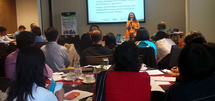 Dr. Maria Celeste H. Cadiz, Program Head, Knowledge Management Department, SEARCA, welcoming the participants to the One-Day Integration Workshop for the DA-AMIA Overseas Study Missions on CCAM in Agriculture in Vietnam, Thailand and Indonesia.