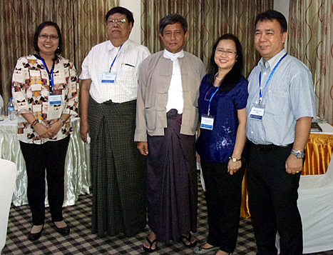 Chair of the OECD Seminar and MOALI Permanent Secretary Dr. Tin Htut (center) with Dr. Bessie Burgos of SEARCA (4th from left), Dr. Romy Labios of IRRI (5th from left), and Ms. Leah Samson of the Philippine Department of Agriculture (far left).