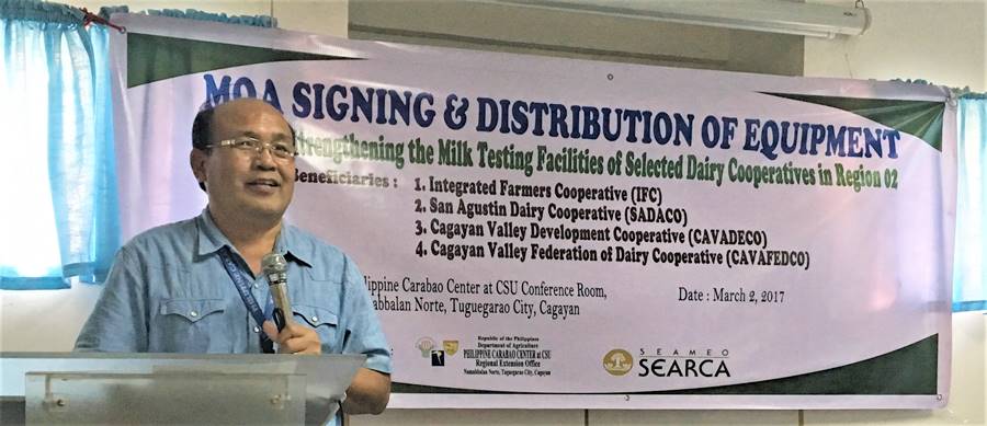 Dr. Franklin Rellin, PCC Center Director at CSU, expressed his gratitude to PCC National Headquarters and SEARCA for the assistance given to their partner cooperatives in Cagayan and Isabela during the MOA signing and distribution of equipment held on March 2, 2017 at Namballan Norte, Tuguegarao City, Cagayan.