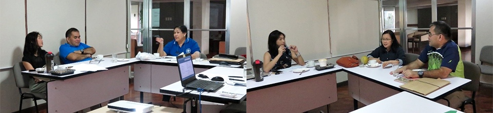 (left picture) Dr. Mercedita A. Sombilla (rightmost) giving her views, inputs, and guidance to the project team. (right picture) The project team discussing the workshop and meeting highlights with Dr. Bessie M. Burgos (center).