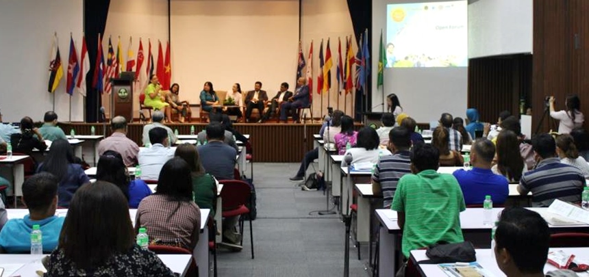 (From left to right): Dr. Fely Aminoso, Ms. Irish Baguilat, Dr. Ma. Corazon Dumlao, Dr. Bessie Burgos, Dr. Irdika Mansur, Dr. Dhruba Raj Bhattarai, and Dr. WGMG Dayawansa during Session 3 Open Forum.