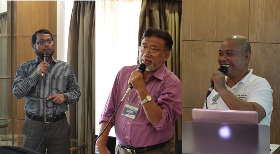 (From L – R) The SAAS Project partners during their presentations in the workshop, Dr. Sekender Ali, Secretary General, BAEN; Engr. Renato dela Cruz, Chief, Partnerships and Accreditation Division, DA-ATI; and Mr. Gibson Susumu, Extension Officer, PIRAS.