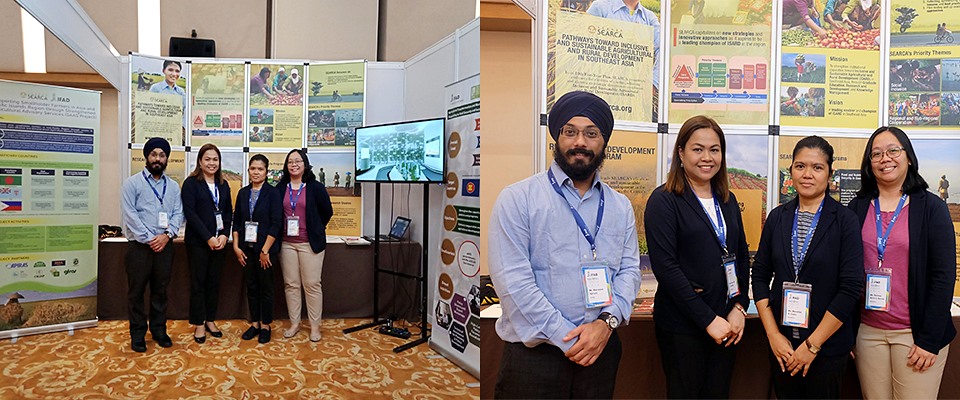 SEARCA representatives at the center's knowledge and learning booth (from right) Bernice Darvin, Monalinda Cadiz, and Nancy Landicho,  are joined by IFPRI project partner representative, Manmeet Ajmani.    