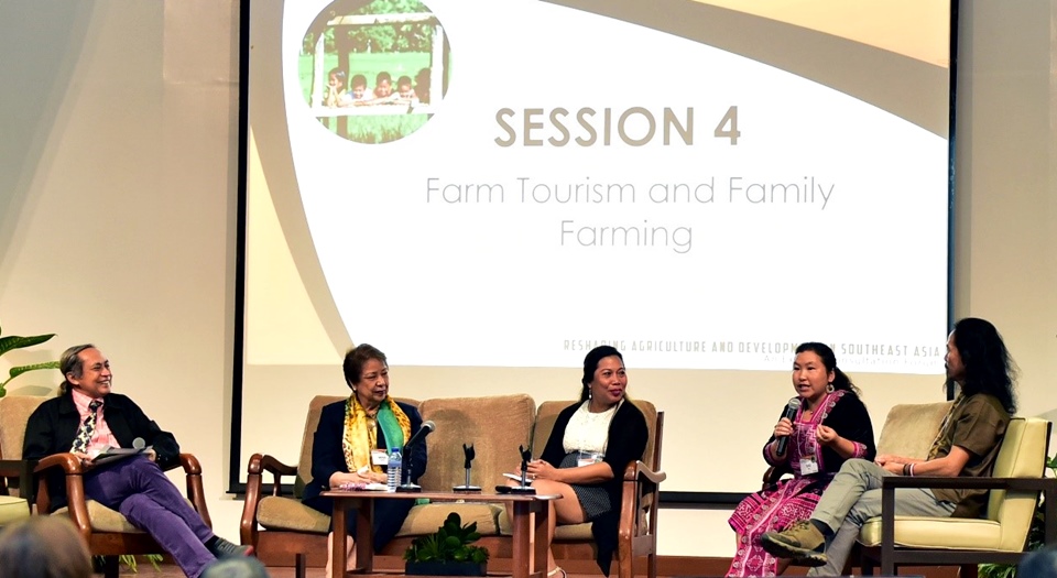 Ms. Tan Thi Shu, seated second from right, shares how the Sapa O'Chau Project creates job and learning opportunities for the children of the H'mong ethnic minority people in Lao Chai commune Northern Vietnam while (seated from L to R) Mr. Tomas A. Cabuenos, Jr., Chair/Interlocutor, Dr. Mina T. Gabor, Ms. Gigi Pontejos-Morris and Mr. Jonjon Sarmiento listen intently.