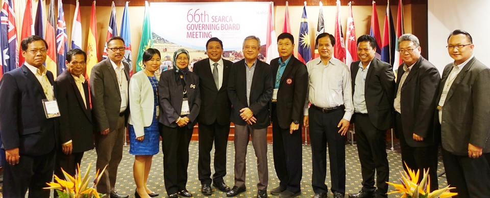 The SEARCA Governing Board Members. From Left to Right: Mr. Naing Kyi Win in lieu of Dr. Ye Tint Tun of Myanmar, Dr. Somphong Chantavong of Lao PDR, Dr. Ocky Karna Radjasa of Indonesia, Dr. Seng Mom of Cambodia, Prof. Datin Paduka Dr. Aini Ideris of Malaysia, Dr. Fernando C. Sanchez, Jr. of the Philippines and Concurrent Chair of the SEARCA GB, Dr. Gil C. Saguiguit, Jr., immediate past SEARCA Director, Mr. Prasert Tepanart of the SEAMEO Secretariat, Dr. Tran Van Dien of Vietnam, Dr. Acacio Cardoso Amaral of Timor-Leste, Dr. Chew Fook Tim of Singapore, and Dr. Chalermpon Yuangklang representing the President of Rajamangala University of Technology, Thailand.