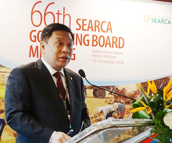 Dr. Fernando C. Sanchez, Jr., Country Representative of the Philippines and Chair of the SEARCA Governing Board, delivered a message during the opening ceremonies of the 66th SEARCA GBM.