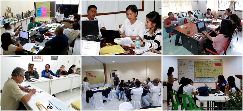 Participating groups of farmers, local government units, and stakeholder agencies from Victoria, Oriental Mindoro (1st row) and Inopacan, Leyte (2nd row) worked on their respective outputs.